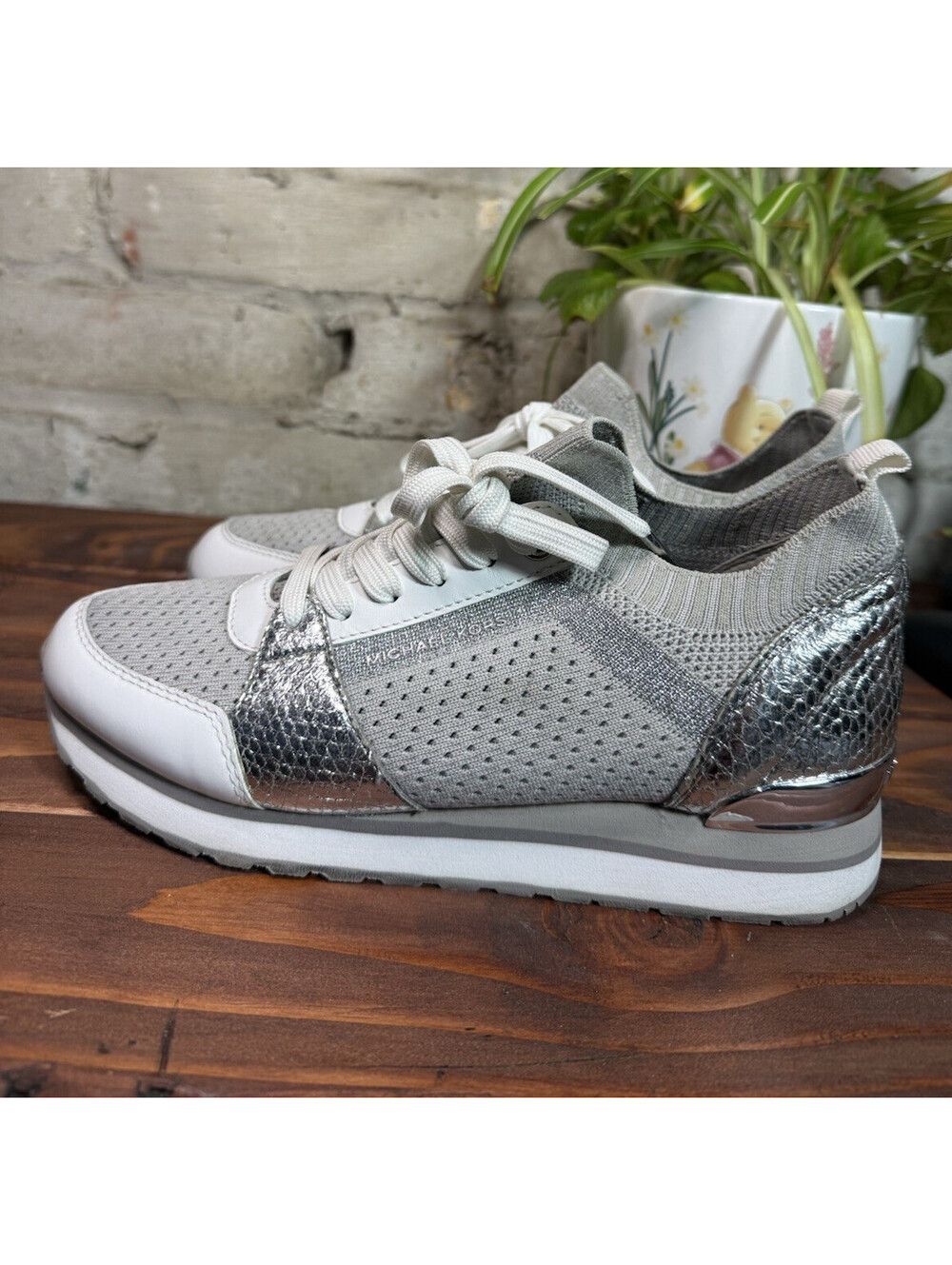 Michael Kors Women’s Gray/White/Silver Low Top Lace-Up Logo Athletic Sneakers